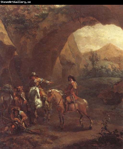 Adam Colonia Landscape with troopers and soldiers beneath a rocky arch